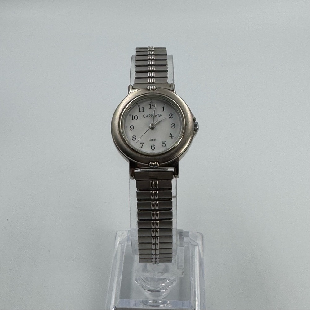 Vintage Carriage Ladies Watch Matte Silver Tone With Stretch Bracelet Band Works